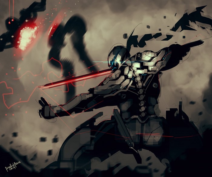 Cybernetic warrior with a red energy sword fighting