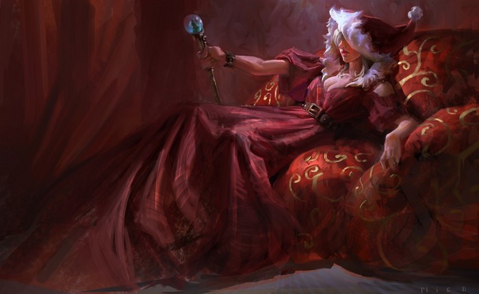 Woman in red dress and Santa hat holding a staff