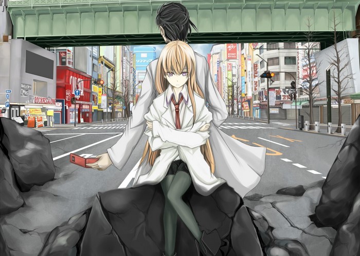 Makise Kurisu and Okabe Rintarou from Steins;Gate in an urban setting