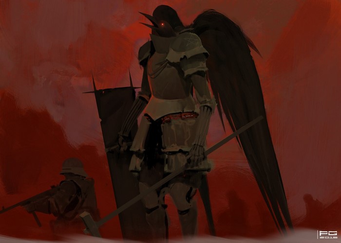 Angel of Death in armor with wings and sword