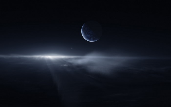Planet and moon in dark space with light beams