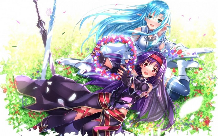 Shikei, tongue out, blue hair, purple hair, blue eyes, red eyes, Yuuki  Asuna (Sword Art Online), two women, Sword Art Online, anime, Konno Yuuki,  anime girls, elves, pointy ears