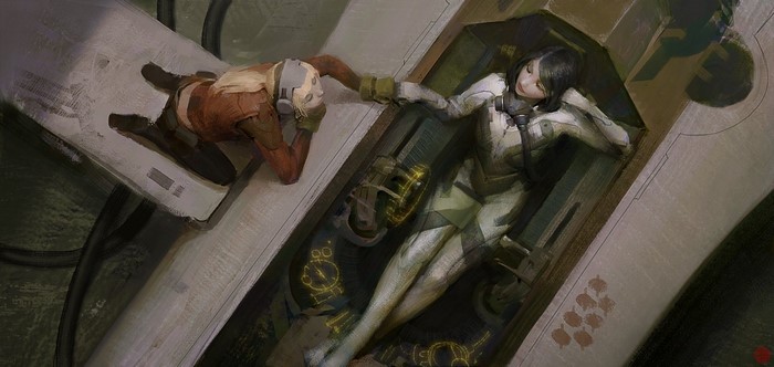 Science fiction scene with pilots and mechanics