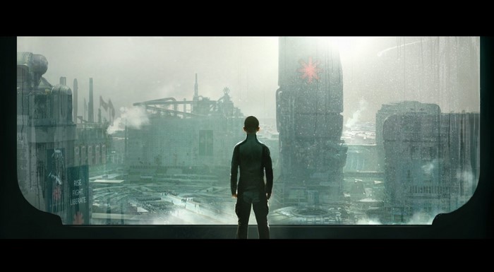 Futuristic city with a person looking out a window