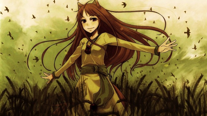 Holo from Spice and Wolf in a wheat field