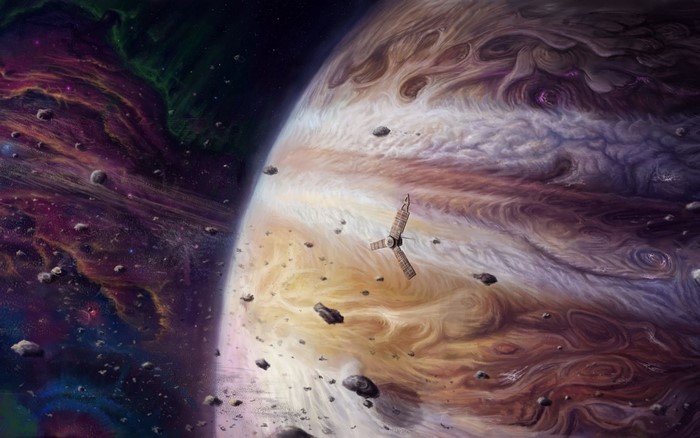 Jupiter and nebula with a spaceship and asteroids