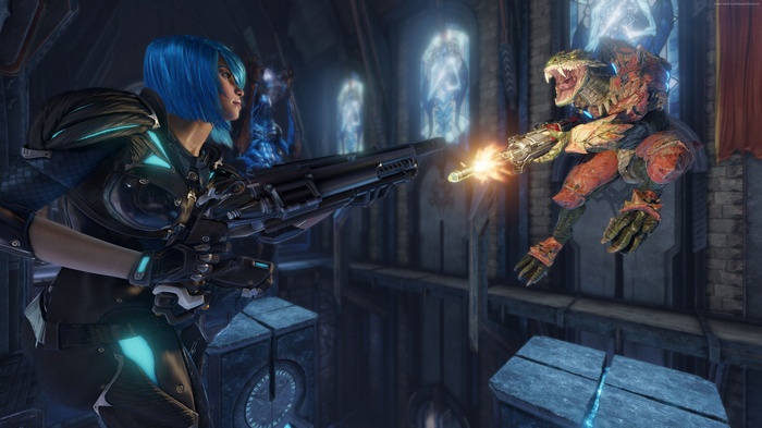 Woman with blue hair fighting a monster in Quake Champions