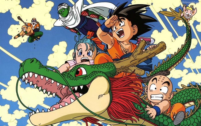 Dragon Ball characters riding Shenron