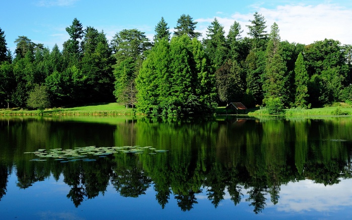 Lake with reflections of trees and a small boathouse