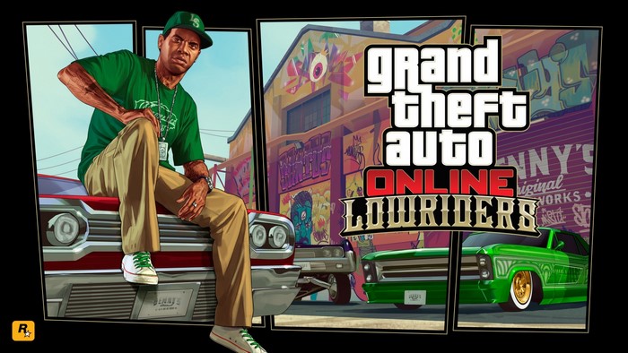 Grand Theft Auto Online Lowriders art with character and cars