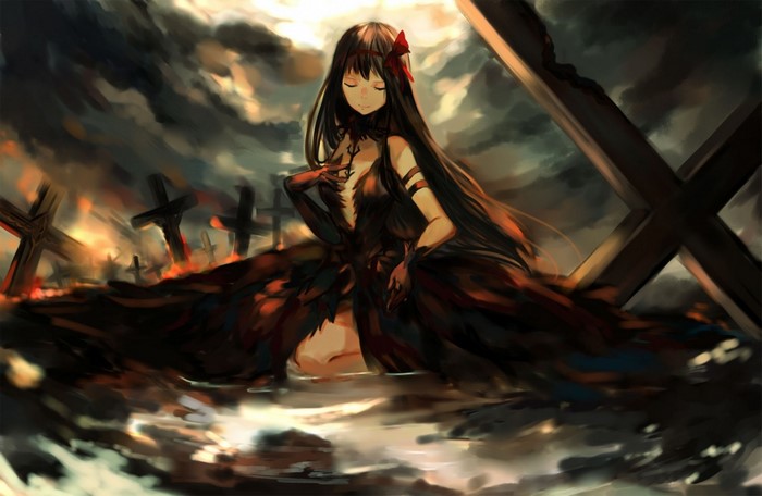 Akemi Homura from Mahou Shoujo Madoka Magica in a dark setting