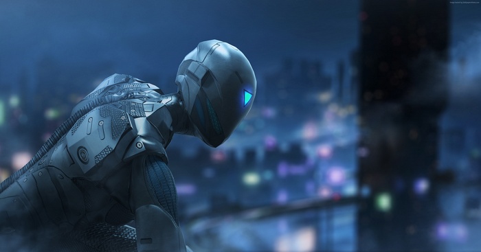 Robot with blue triangle eye in a city at night