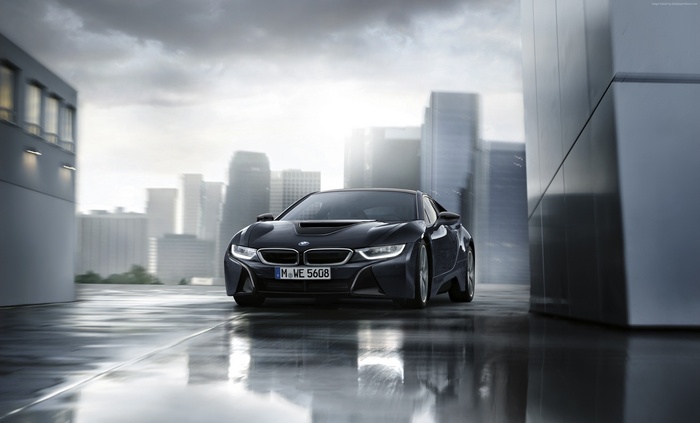 BMW i8 Protonic Dark Silver Edition on wet city street