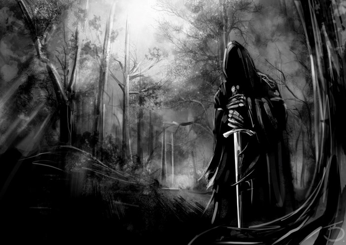 Nazgûl with sword in a dark forest
