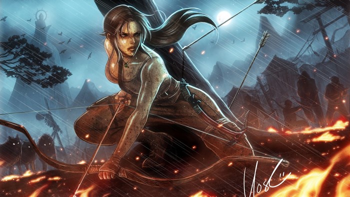 Lara Croft from Tomb Raider fighting in the rain