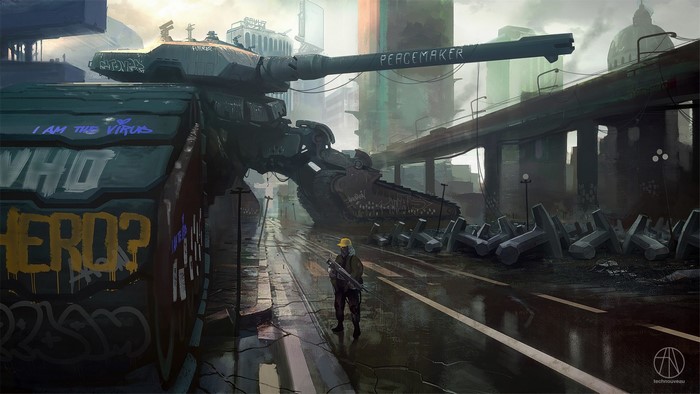 Futuristic tank with graffiti in a post-apocalyptic city