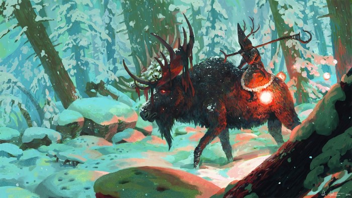 Fantasy art of a rider on a beast in a snowy forest