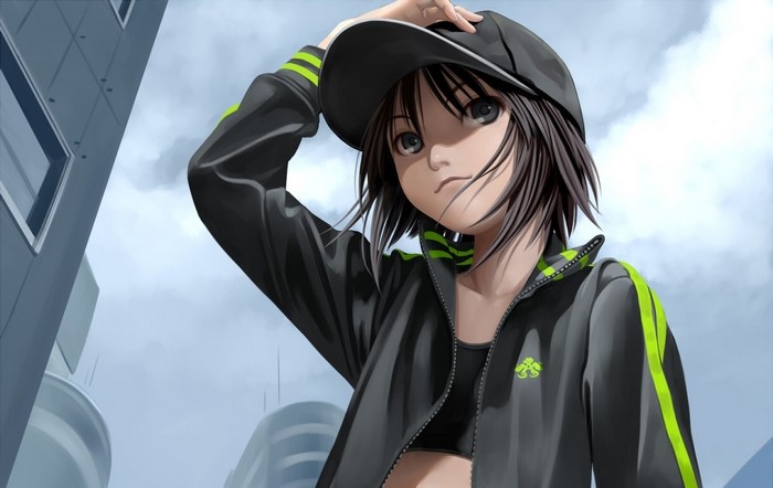 Anime girl in a black jacket and cap