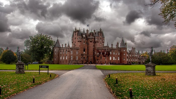 Glamis Castle under Moody Autumn Skies in Scotland