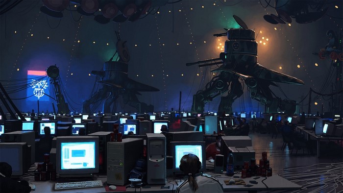Cyberpunk LAN Party with Giant Robots