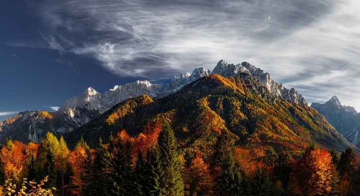 Autumn Forest and Snowy Peaks in the Slovenian Alps
