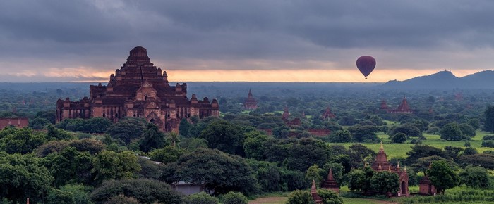 Hot air balloon over ancient temples in Bagan, Myanmar