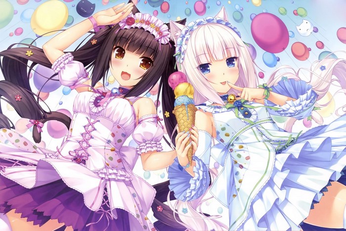Vanilla and Chocolat from Neko Para with ice cream and balloons