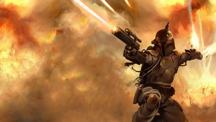 Boba Fett from Star Wars firing weapons