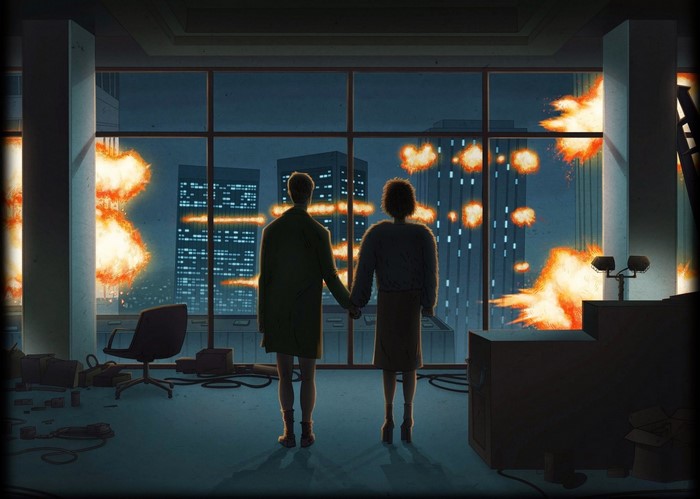 Explosion outside office window with couple holding hands