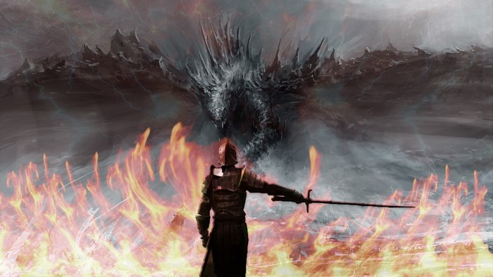 Knight facing a dragon amidst fire and lightning