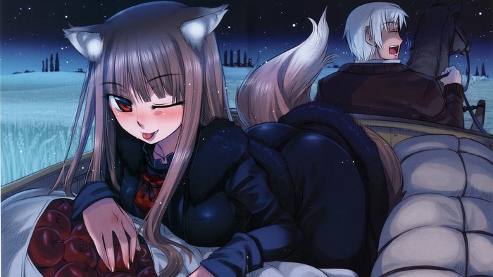 Holo and Lawrence from Spice and Wolf in a carriage