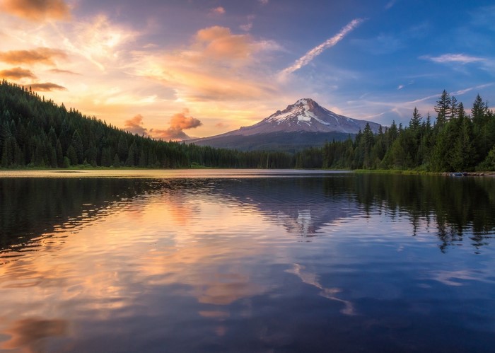 Mountain reflected in a lake at sunset