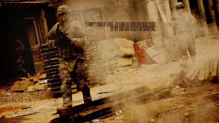 Soldiers in a war-torn environment with a quote