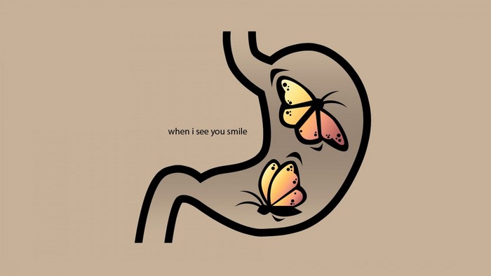 Illustration of stomach with butterflies and text