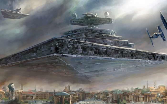 Star Wars Star Destroyer and TIE Fighters over a City