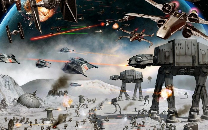 Star Wars battle scene with AT-ATs and X-wings