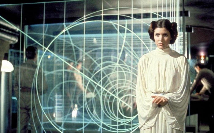 Princess Leia from Star Wars in a control room