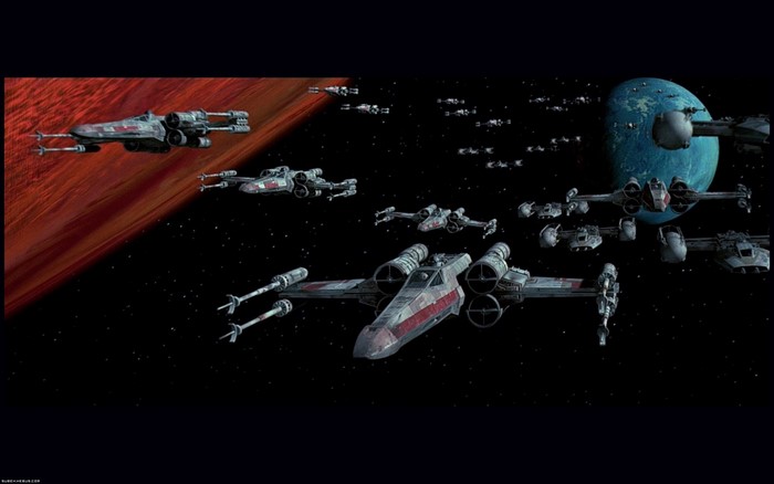 Star Wars X-wing starfighters in space battle