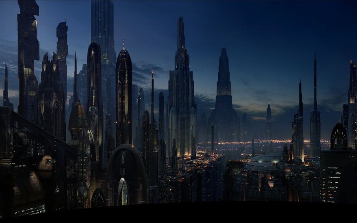 Star Wars cityscape at night with futuristic skyscrapers