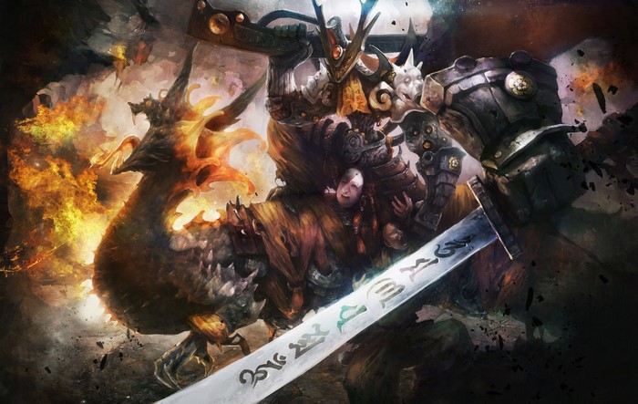 Giant warrior fighting on a fiery bird with a sword