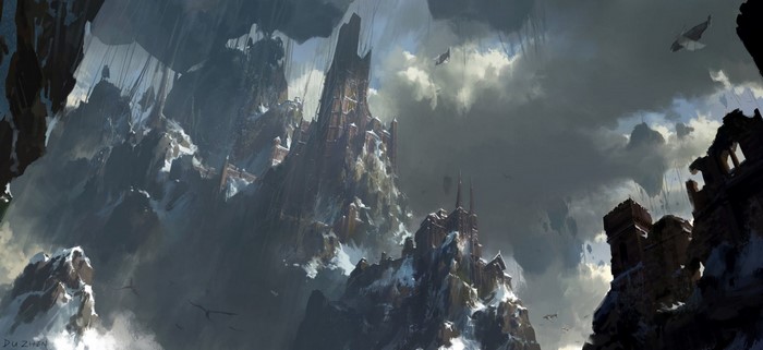 Digital artwork of a fantasy mountain fortress with flying vehicles