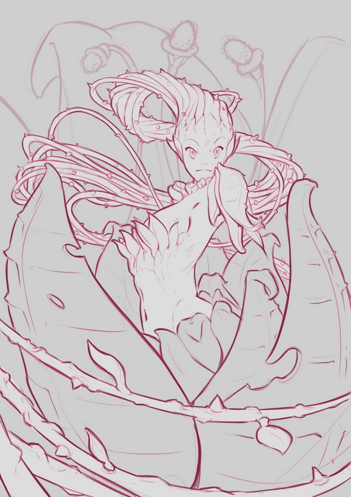 Sketch of a plant-like creature in a large flower