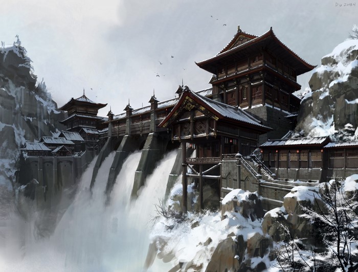 Ancient Asian temple complex on a snowy mountain with waterfalls