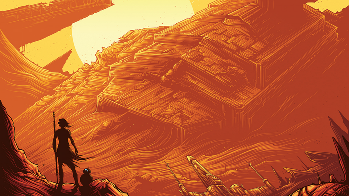 Rey and BB-8 on Jakku with Star Destroyer
