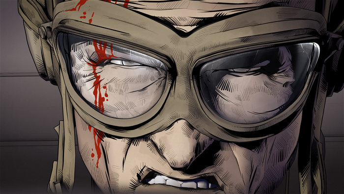 Close-up of a man with goggles and blood in Paths of Hate