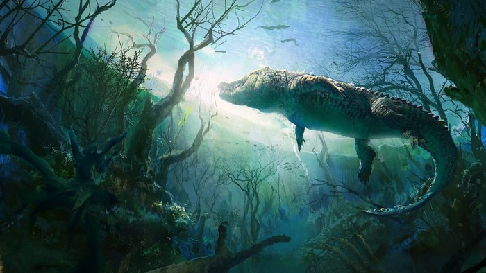 Underwater Crocodile in Mystical Ocean Cave
