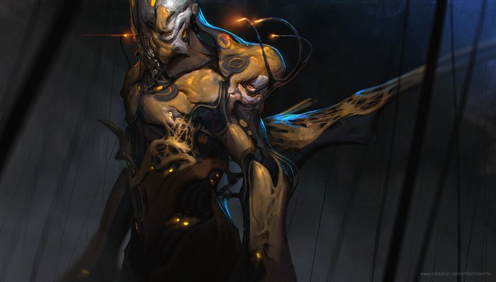 Concept art of a bio-mechanical character by Milan Nikolic