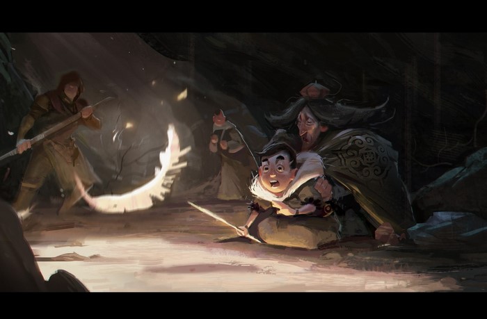 Characters in a dark cave with a glowing object