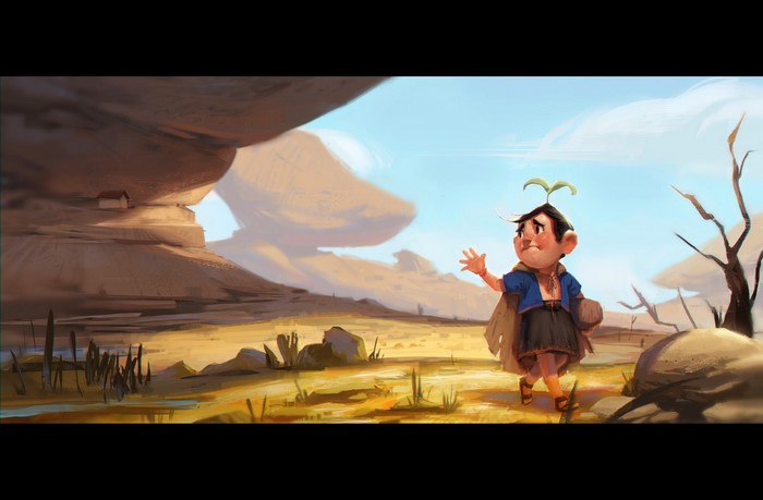 Child with sprout on head in desert landscape