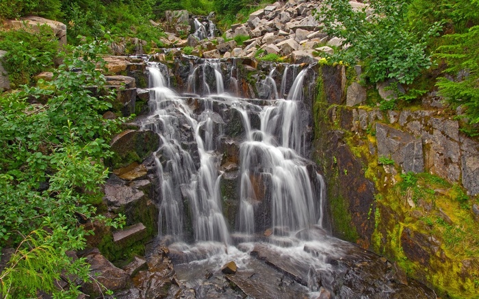 Waterfall cascading over rocks with green foliage